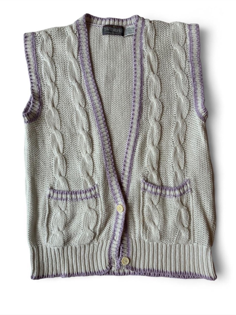 Yarn Works 90s Cream Lavender Cable knit Sweater Vest Ramie Light Academia Small